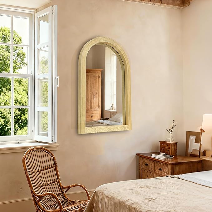 24" x 36" Arched Wall Mirror, Handwoven Natural Bamboo (Warm Tone) Strip Frame, 2-Inch Deep Textured Design, Boho Coastal Mirror for Entryway, Bedroom, Living Room, Vertical Hanging
