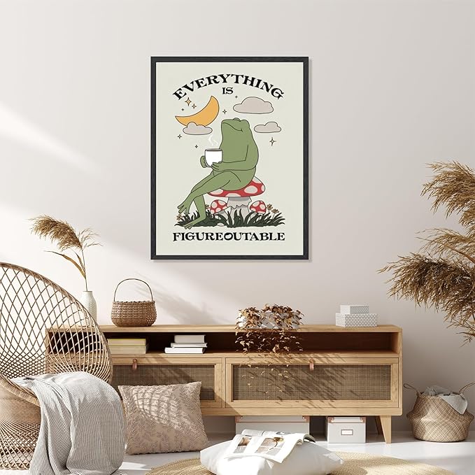 Licpach Cute Frog Wall Art Everything Is Figureoutable Quote Poster Motivational Wall Decor Canvas Print Inspirational Painting for Office Living Room Positive Mindset Picture 8x12inch Black Frame