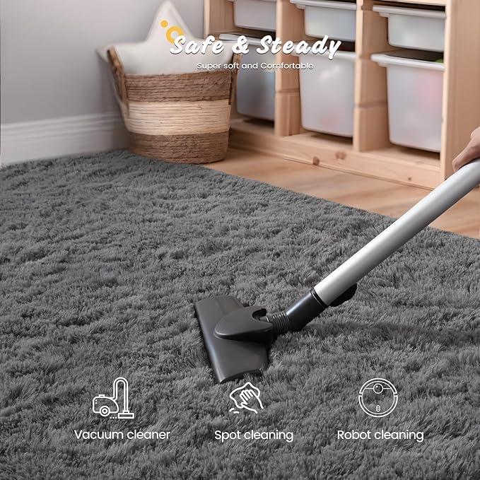Modern Soft Fluffy Small Shaggy Rug for Bedroom Livingroom Dorm Kids Room Indoor Home Decorative, Non-Slip Plush Furry Fur Area Rugs Comfy Nursery Accent Floor Carpet 9X11 Feet, Smoke Gray
