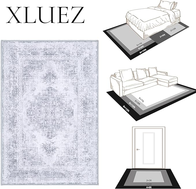 XLUEZ Area Rug 6x9 Living Room Rug, Machine Washable Vintage Distressed Medallion Rug Non-Slip Soft Low Pile Large Indoor Rugs for Bedroom Kitchen Dining Room Office(LightGrey,6'x9')
