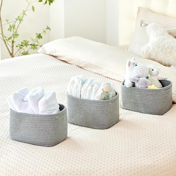 R RUNKA Small Cotton Rope Basket – Storage Bin for Organizing (10.6" x 6.7" x 6.7"), Bathroom Storage Basket for Shelf, Counter & Closet(Grey)