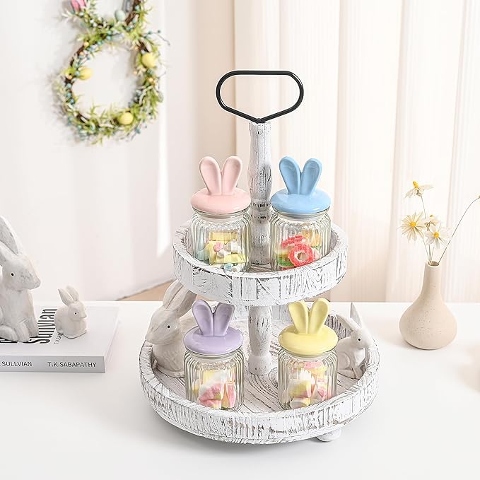 FESTGLOX Glass Easter Candy Jars with Ceramic Bunny Ear Lids, 4Pcs Sealing Bunny Jars in Pastel Colors for Storage, Mini Eggs, Cookies, Tray, Table Centerpiece, Kitchen, Home Spring Decor