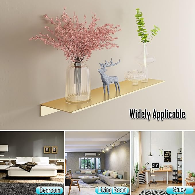 HNVNER Metal Floating Shelves, Set of 2, Brushed Gold Wall Shelves Picture Ledge, Shower Caddy Wall Mounted, Decorative Display Shelf for Bedroom, Living Room, Bathroom, Office