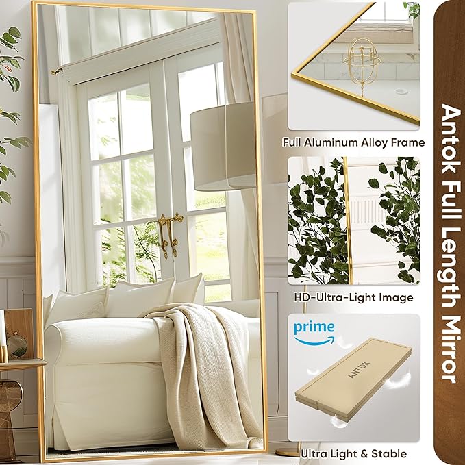 Antok Full Length Mirror, 46"x90" Floor Mirror with Stand, Hanging Mounted Mirrors for Bedroom, Living Room, Cloakroom, Dining Room, Gold, Rect