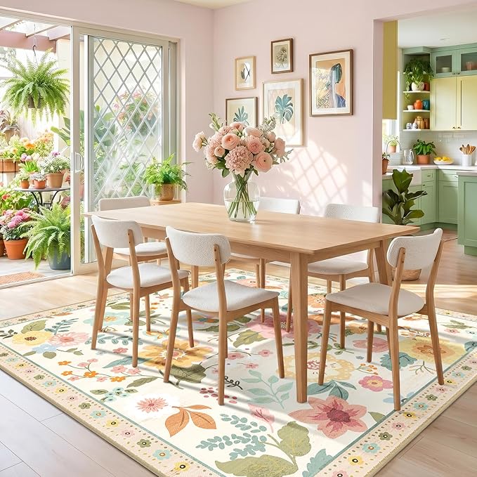 RELEANY Floral Nursery Square 8ft Area Rugs Washable Print Boho Cute Carpet Non Slip Flower Low Pile for Living Room Kids Girls Playroom Bedroom Kitchen Office Farmhouse-Beige/White/Orange