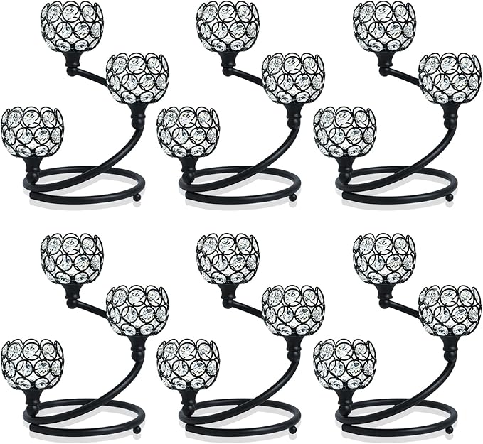 Metal Crystal Candle Holder Set of 3 - Elegant 5-Arm Metal Tea Light Centerpiece with Shining Crystal Bowl, Wedding Anniversary Table Decor for Dining, Party (Black, 6 Pcs 3 Arm)