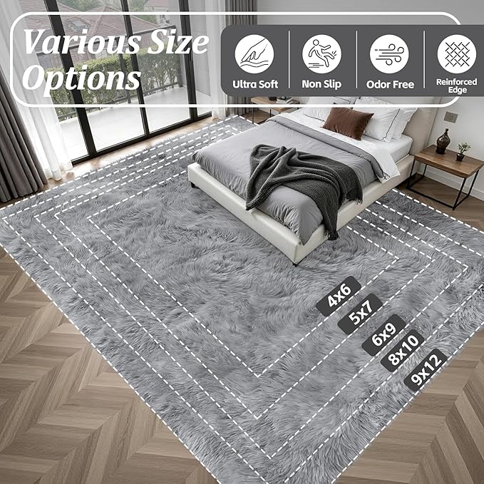 Fluffy 4x6 Area Rugs for Living Room Bedroom: Ultra Soft Shag Rug Non-Slip Non-Shedding Small Plush Bedside Rug Indoor Floor Carpets for Kids Room Playroom Entryway Nursery Dorms Home Decor Gray