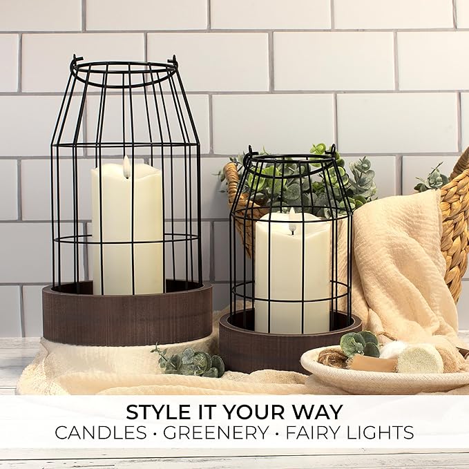 Rustic Farmhouse Lantern Decor Set of 2 - Stylish Decorative Lanterns for Your Living Room, Fireplace Mantle or Kitchen Dining Table - Modern Indoor/Outdoor Coffee Table Decor for Your Entire Home