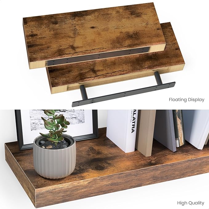 Ballucci Floating Shelves, 16" Wood Wall Shelf Set of 2, with Invisible Brackets for Bathroom, Living Room, Bedroom, Kitchen, Nursery, 6" Deep, Rustic Brown