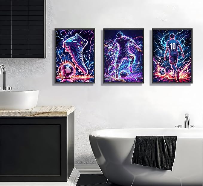 FJKLRP 3pcs Neon Lightning Soccer Canvas Wall Art Football Wall Decor with 10 Number Player Paintings posters Trendy Sports Artwork for Bedroom Living Room Fan Cave Game Room decor Unframed
