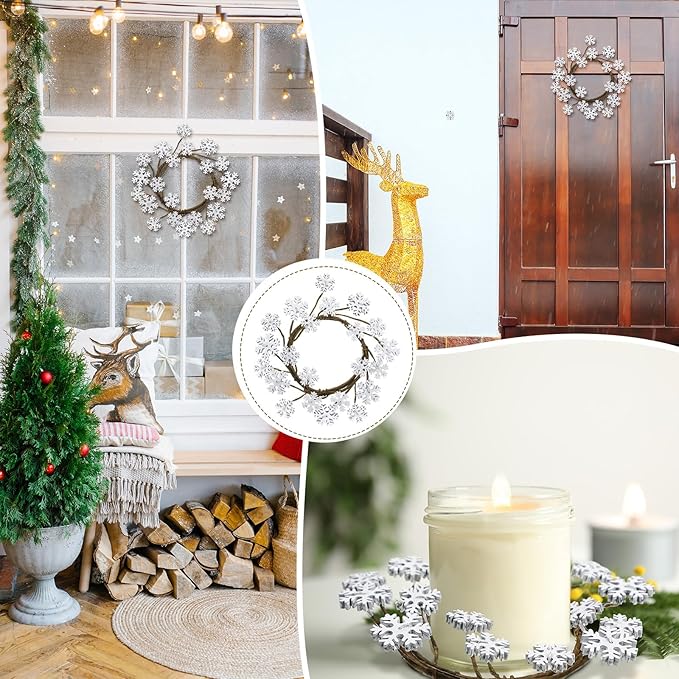 Daifunli 2 Pcs Winter Candle Rings Snowflake Wreath Glitter Vintage Wood Wreaths for Pillar 3.9 Inch Frosty Candles Holder for Winter Christmas Xmas Wedding Home Rustic Table Centerpiece Decor