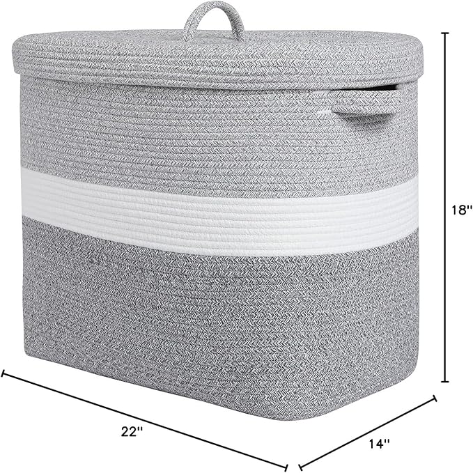 22"x14"x18" Rectangular Extra Large Storage Basket With Lid, Large Cotton Rope Storage Basket, Woven Laundry Hamper, Cloth Storage Bin, for Clothes Towels Blankets in Living Room, Dual Grey