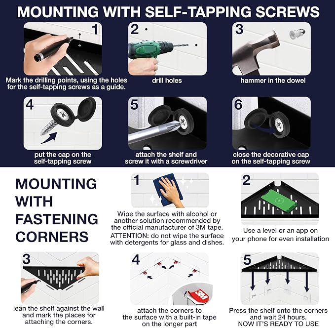 Bathroom Corner Shelves for Shower - Adhesive / Stick / Drill / No Drill - 16" Strong Black Floating Corner Shelf for Tiled Wall, Bathroom, Inside Shower Caddy, Shelf Wall Mount Triangular, Organizer