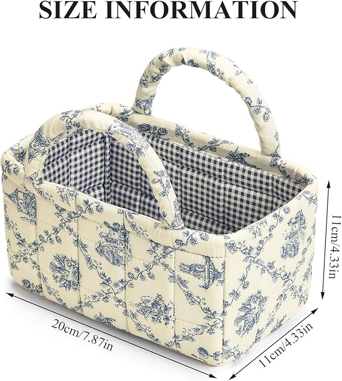 Small Storage Basket Organizer, Mini Fabric Floral Storage Baskets with Handle, Quilted Portable Collapsible Storage (Vine-Green)