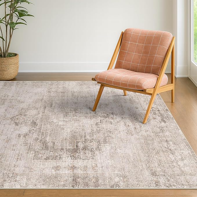 Washable 4x6 Area Rug for Entryway Indoor, Living Room, Kitchen, Bedroom Bedside - Stain-Resistant Non-Slip with Rubber Backing, Unique Floral Aesthetic Décor, Light Brown & Beige