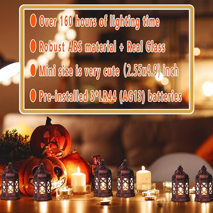 12-Pcs Mini Lanterns, Small Candle Lanterns Decorative, LED Tea Light Lantern Ramadan Decorations, Hanging Lantern, Centerpiece for Wedding Table, Battery Included(Rose Gold)