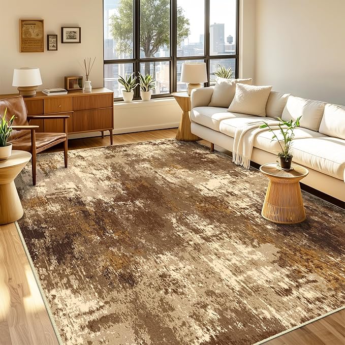 RELEANY Washable Area Rugs 2'x6' Non-Slip Modern Abstract Soft for Living Room Entryway Bedroom Nursery, Print Pattern, Brown Tan Beige Coffee