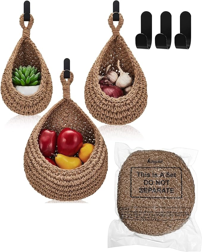 Honeydak Boho Decor Hanging Wall Baskets for Kitchen 3 Pack Teardrop Baskets with Hooks Storage Fruit Onion Vegetable Potato for Home 3 Sizes(Linen,Teardrop,Jute)