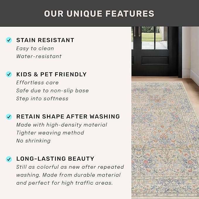 Vintage Beige Blue 3x12 Runner Rug for Hallway, Kitchen, Bathroom, Entryway Indoor, Washable Non Slip Rubber Backing Stain Resistant - Botanical Home Decor