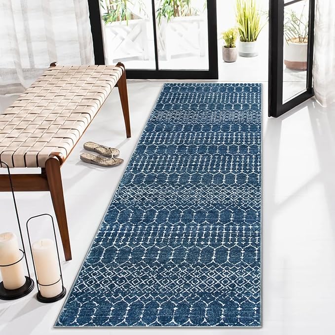 Lahome Moroccan Washable Runner Rug 2x10, Non Slip Hallway Runner Rug 10 Ft Ultra-Thin Kitchen Runners Non Skid, Soft Modern Geometric Print Carpet Runners for Entryway Stair Hana, Blue