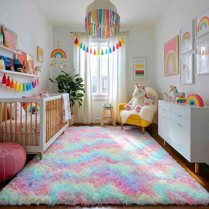 Amdrebio Rainbow Area Rugs for Girls Bedroom Kids Room Decor, 9x12 Large Pastel Colorful Rug for Playroom, Cute Unicorn Shaggy Rugs for Baby Princess, Kawaii Fluffy Plush Big Carpet for Living Room