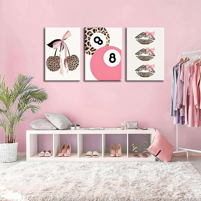 Trendy Pink Leopard Bow Canvas Wall Art Set of 3 Funky Cherry Lucky 8 Ball Posters Prints Cute Coquette Preppy Room Aesthetic Wall Decor Pictures for Girls Bedroom Apartment Dorm 16x24in