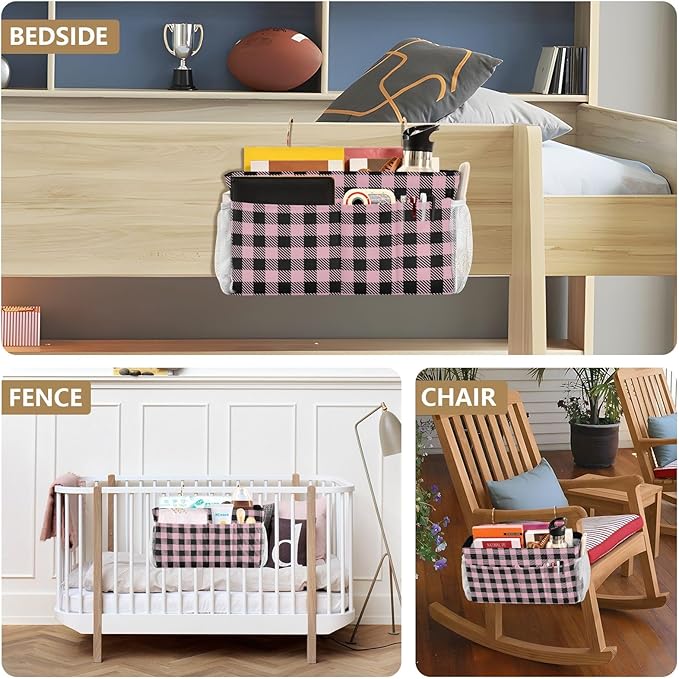 Buffalo Plaid Check Pink Print Bedside Caddy Storage Bag Bedside Organizer for Bunk Bed Headboards College Organizer Caddy Hanging Shelf 6 Pockets with Hooks for Drinks Magazine Phone Holder