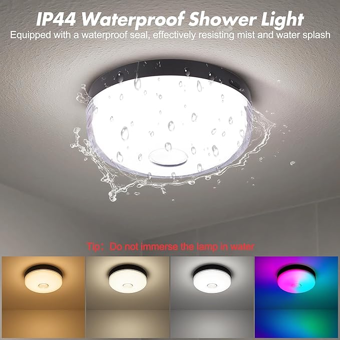 2-Pack Waterproof Shower Lights for Inside Shower, 15 RGBW Color Rechargeable Mood Lighting with Remote(Dimmable&Timer), LED Wireless Ceiling Light for Bathroom, Closet, Hallway, Stairs, Party Decor