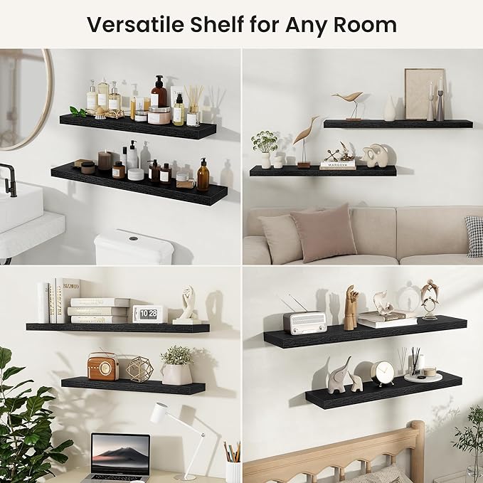 Fun Memories Floating Shelves for Wall, Rustic Wood Wall Mounted Shelves for Bathroom, Bedroom, Living Room & Kitchen, Storage Display Shelves, (Set of 2, Black, 32 in)