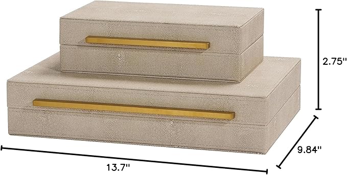 Kingflux Ivory Shagreen Leather Set of 2pcs Decorative Boxes, Storage Boxes Jewelry Organizer, Woment&Men's Accessory Organizer ,Memory Keepsake Box with Brushed Gold handle(Ivory)