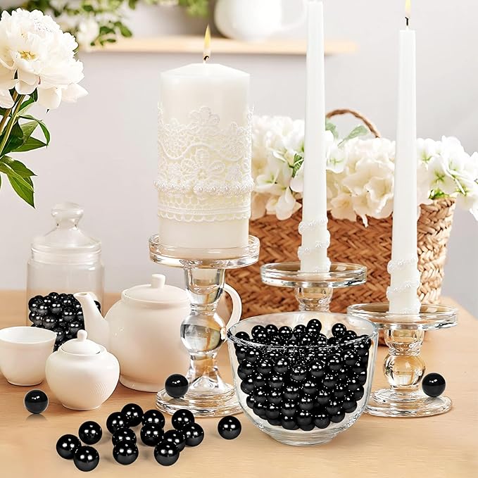600Pcs Black Vase Filler Pearl Beads for Crafting 10mm Beads No Holes Decor Suitable for Wedding Decor, Party Decorations, Centerpiece Table Decorations