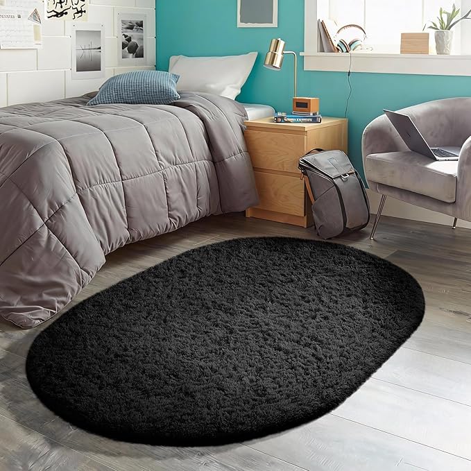Ophanie 3x5 Black Oval Rugs for College Dorm Bedroom Living Room, Small Fluffy Fuzzy Carpet, Plush Soft Shaggy Bedside Indoor Floor Area Rug for Kids Men Boys Baby Teen Nursery Home Decor Aesthetic