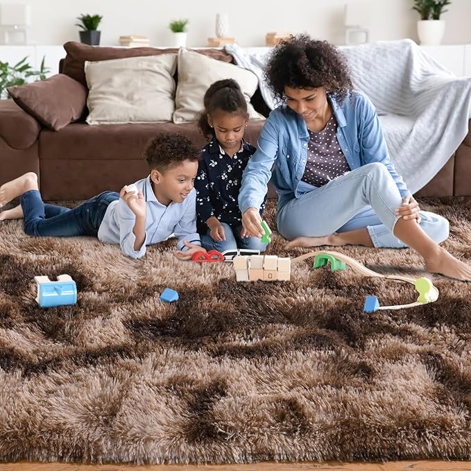Area Rugs for Living Room 6x9, Ultra Soft Fluffy Rug for Bedroom, Modern Shaggy Carpets Fuzzy Rug for Girls Boys Room Home Indoor Nursery Teens Dorm Decor, Upgrade Non-Slip Durable, Tie Dyed Brown