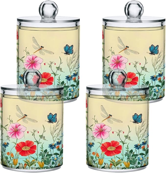 2 Pack Qtip Holder Dispenser for Cotton Ball Dragonfly Butterfly Tulip Flower Swab Round Pads Clear Plastic Acrylic Jar Set Bathroom Canister