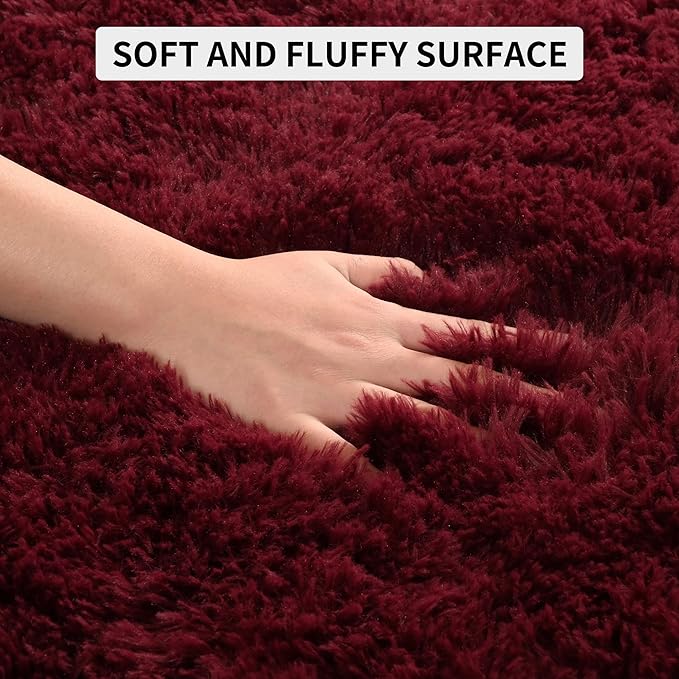 Tepook Fluffy Large Rugs for Living Room, 8x10 Area Rugs for Bedroom, Modern Shag Fuzzy Carpets for Kids Boys Girls, Plush Indoor Nursery Home Decor Rug with Non-Slip Bottom, Burgundy Red