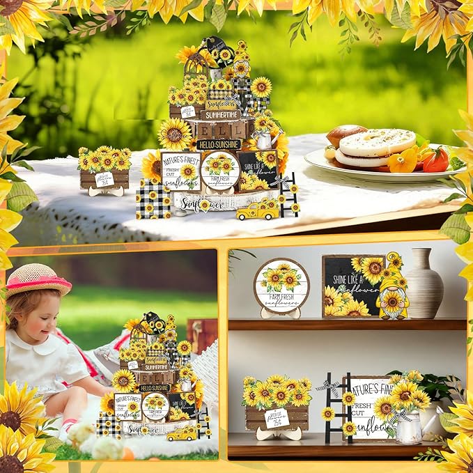 Bucherry 23 Pcs Sunflower Tiered Tray Decor Spring Decorations for Home Farmhouse Decorative Trays Wooden Sign Table Centerpieces for Home Kitchen Shelf supplies (Sunflower)