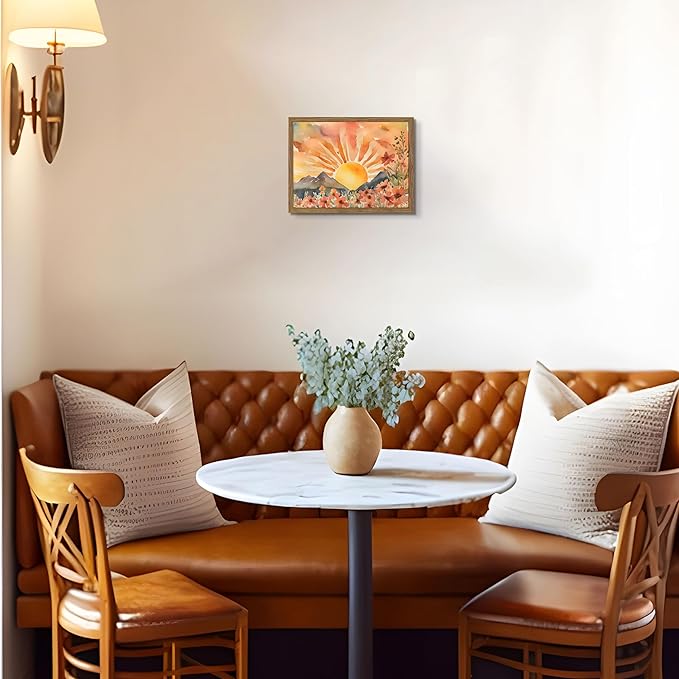 Framed Sunset Boho Wall Art for Living Room - Modern Abstract Floral Canvas Picture Boho Wall Decor, Sun Landscape Aesthetic Painting Poster Prints for Bedroom Home Office 8x10 inch