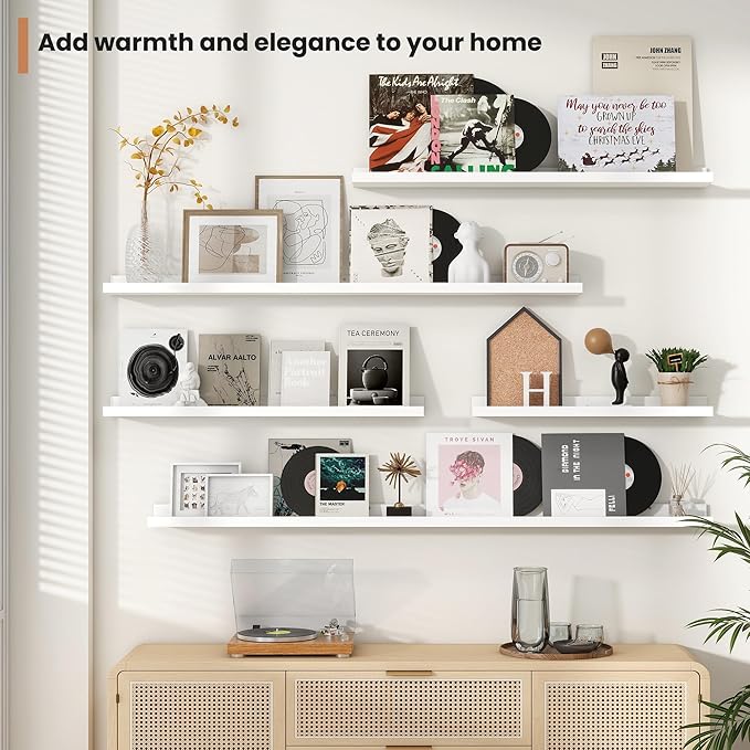 Fun Memories Picture Ledge Shelves Set of 4, 36 Inch Rustic Wall Mounted Floating Shelves with Lip for Home Storage and Décor in Bathroom, Kitchen, Nursery, Bedroom, Living Room, White