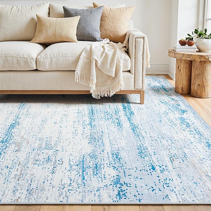 9x12 Area Rugs Washable Rug:Anti-Skid Abstract Modern Living Room Rug Soft Thin Carpets Indoor Floor Non-Shedding Carpet for Bedroom Dining Farmhouse Nursery Home Office(Light Blue/White/Beige, 9x12)