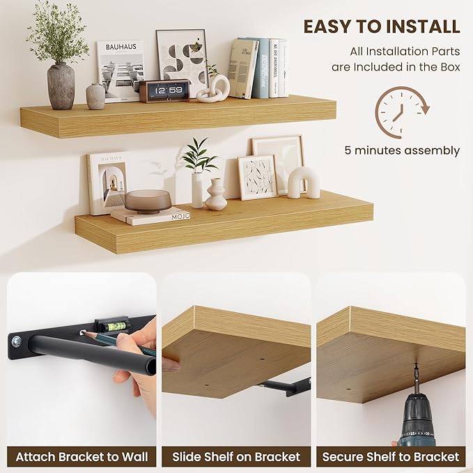 Fun Memories 72 Inch Fireplace Mantel Shelf, 12 Inch Deep Shelves for Display & Wall Storage, Rustic Wood Wall Shelf, Extra Long Floating Shelves for Living Room Laundry Room, Oak, Set of 1