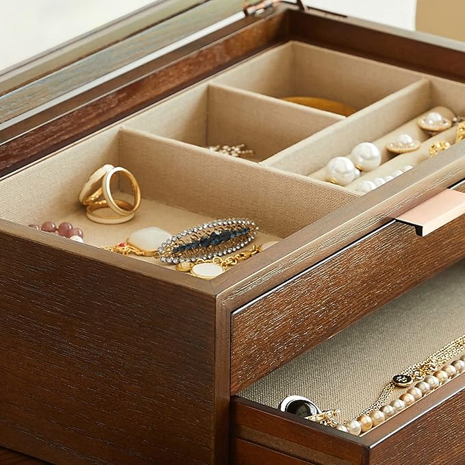Makeup Organizers 2 Tier Wooden Jewelry Case Retro Jewelry Box Hand Jewelry Earrings Necklace Lining Display Case Best Gifts for Women Jewelry Case