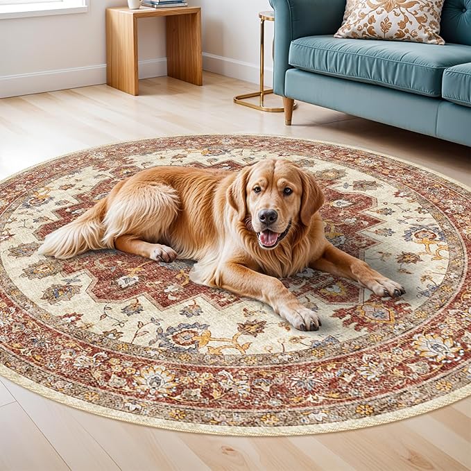 TOPRUUG Washable Oriental Area Rug - 6ft Round Rugs for Living Room Soft Carpet for Bedroom Waterproof Floral Distressed Indoor Stain Resistant Non-Shedding Floor Carpets (Red, 6ft-Round)