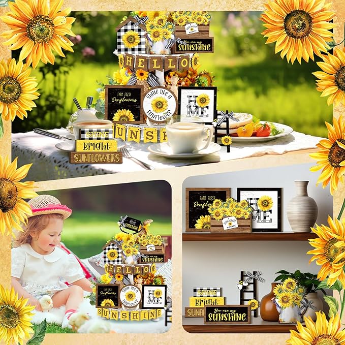 Bucherry 24 Pcs Sunflower Tiered Tray Decor Spring Decorations for Home Farmhouse Decorative Trays Wooden Sign Table Centerpieces for Home Kitchen Shelf Supplies