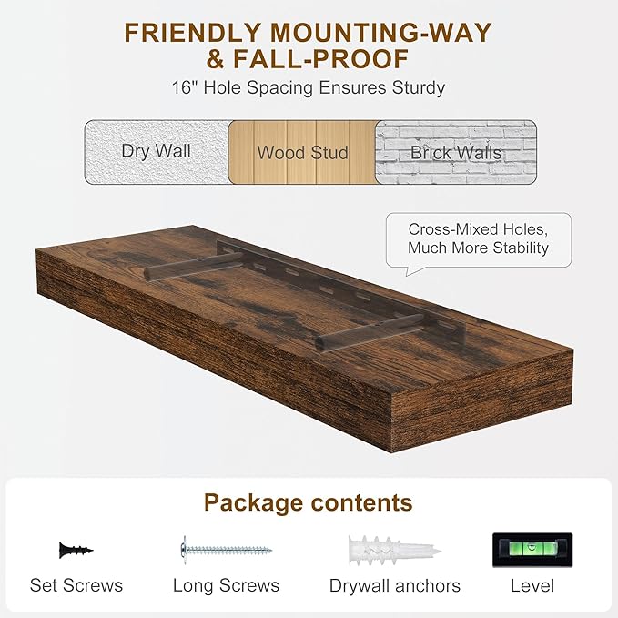 Fun Memories Floating Shelves for Wall, 20Inch Floating Shelves Set of 2, Hanging Shelf with Invisible Brackets, Wood Shelves for Living Room, Bedroom, Kitchen, Brown