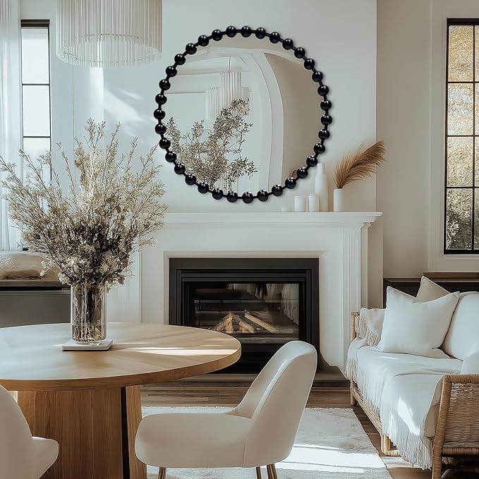 Round Black Mirror 30'', Beaded Mirror for Wall, Spherical Frame Large Circle Mirror for Bathroom, Dining Roon, Bed Room, Entryway