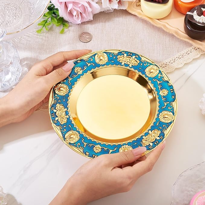 1pcs Golden Serving Tray for Party 4.8" Vintage Round Decorative Plate Tray Jewelry Makeup Organizer Dishes Bathroom Vanity Tray for Gift Wedding Coffee Table Dessert Christmas 20 cm (Blue)