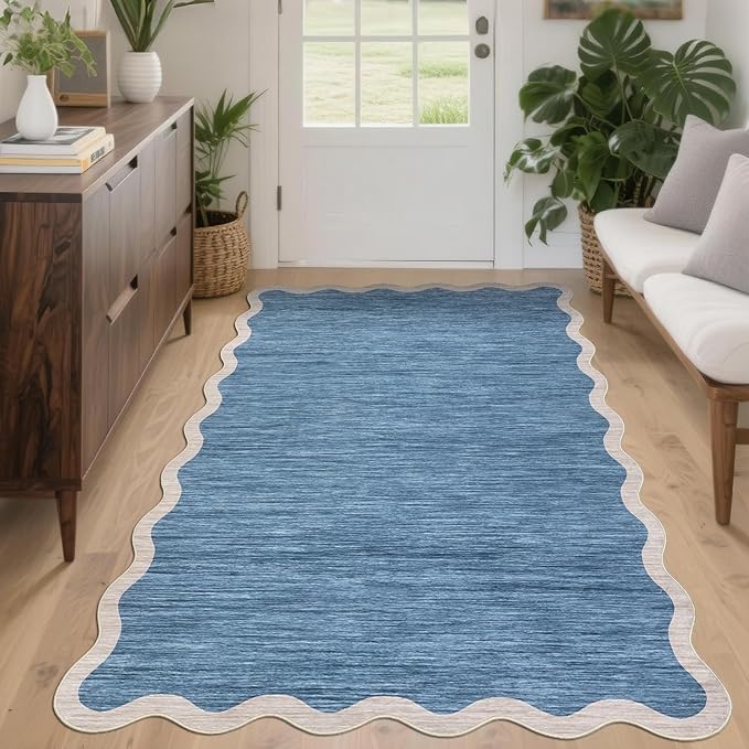 GarveeHome Scalloped Area Rug 4x6 Washable Rug Modern Traditional Floor Cover Foldable Soft Retro Entryway Rug Indoor Distressed Non Slip Carpet Floral Print Mat Bedroom Living Room Bathroom, 4'x6'