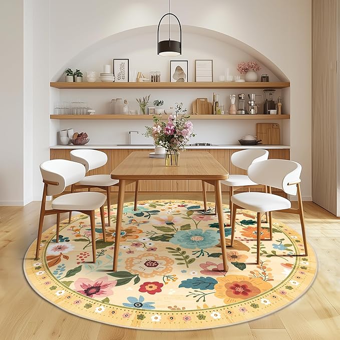 RELEANY Floral Nursery 6ft Area Rugs Washable Print Boho Cute Carpet Non Slip Flower Low Pile for Living Room Kids Girls Playroom Bedroom Kitchen Office Farmhouse-Ivory/Yellow