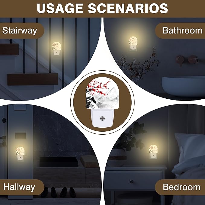Night Light, Plum Blossom and Snow Mountain Night Lights Plug into Wall Dusk to Dawn Sensor Round Nightlight for Women Men Energy Efficient Led Lamp 0.5W for Stairway Hallway Bedroom