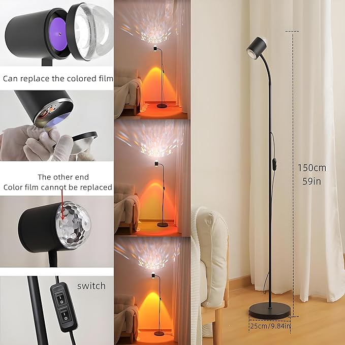 Sunset projection floor lamp, dual head sunset lamp with water ripple vertical Floor light, replaceable filter 360 ° rotating LED Atmosphere lights 3 color color changing living room sunset floor lamp